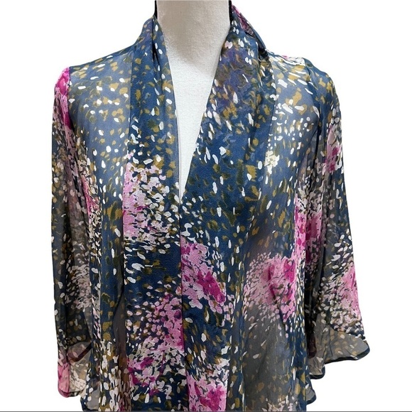 Pure Sugar 100% Silk Gray & Pink Kimono Wrap w/ Sleeves Open Front Sz XS - Picture 3 of 10